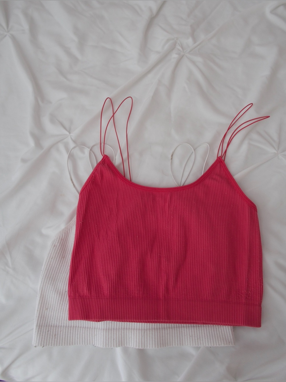 Ribbed Double-Strap Cami Set - Hot Pink & White